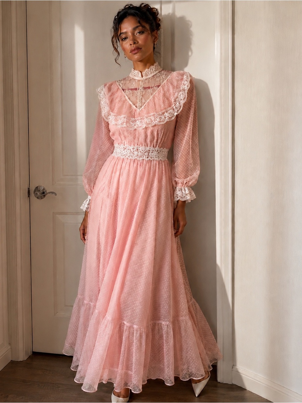 Vintage Pink Swiss Dot Prairie Lace Maxi Dress